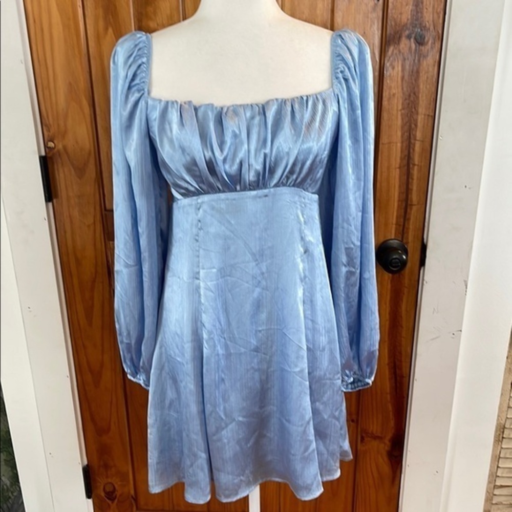 ASTR the Label Light Blue Long Sleeve Babydoll Dress Y2K Medium Satin Party NWT